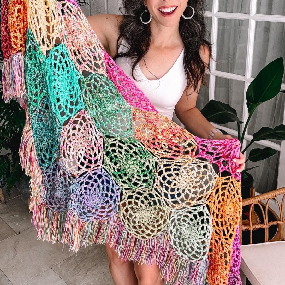 CROCHET PATTERN + VIDEO Stash Buster Crochet Motif Butterfly Shawl, Crochet Shawl with Video Instruction, Hexagon Motif Join as You Go