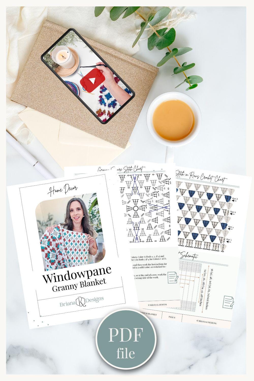 A PDF crochet pattern for a windowpane granny blanket is shown with a cover, stitch chart, instructions, a cup of coffee, an envelope, and a tablet displaying a crochet tutorial—perfect as a handmade gift for lovers of cozy crafts.