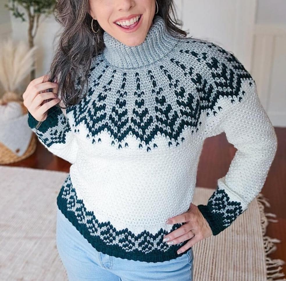 CROCHET PATTERN + VIDEO Cozy Fair Isle Pine Crochet Sweater Pattern with Charts, xs-5X Sizes, Winter Pullover Crochet Pattern Colorwork