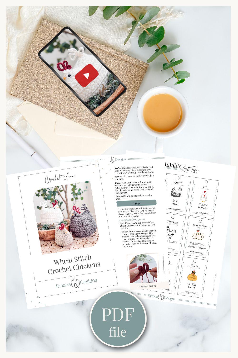 CROCHET PATTERN + VIDEO Wheat Stitch™ Crochet Chicken Pattern +Printable Tags 2 Size Options, Crochet Hen Pattern, Crochet Amigurumi Chicken
