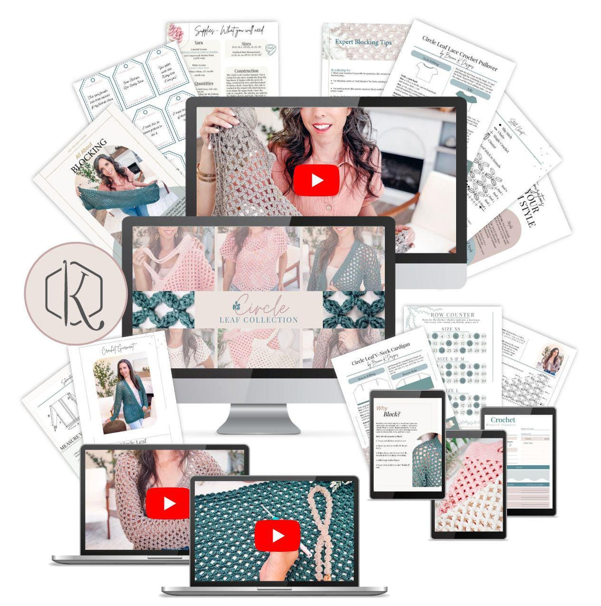 A digital mockup displays various crochet patterns, guides, and instructional videos on computer screens, tablets, phones, and printed pages—perfect inspiration for handmade gifts—alongside a circular logo.