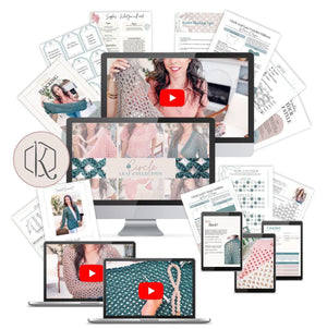 A digital mockup displays various crochet patterns, guides, and instructional videos on computer screens, tablets, phones, and printed pages—perfect inspiration for handmade gifts—alongside a circular logo.