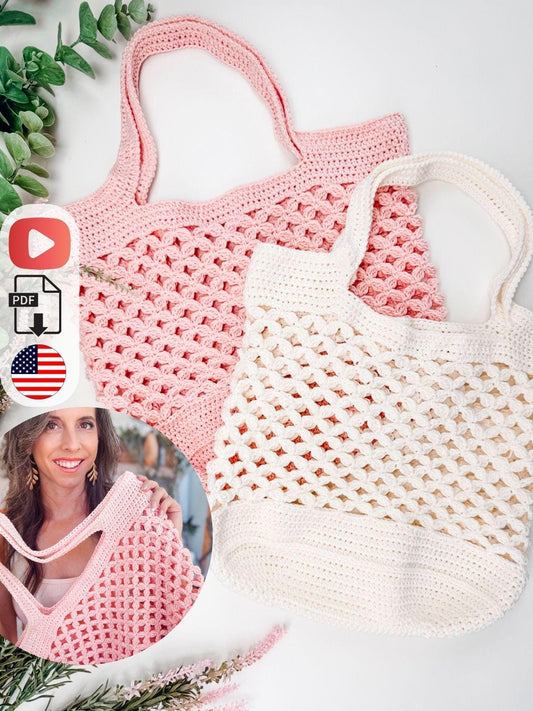 CROCHET PATTERN + VIDEO Circle Leaf Market Bag Crochet Pattern, Reusable Eco Tote, One Piece Seamless with Handles, Learn Circle Leaf Stitch