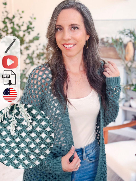 CROCHET PATTERN + VIDEO Circle Leaf Lace Crochet Cardigan Pattern • Lightweight Summer Sweater pdf with Video • Size Inclusive Summer Cardi