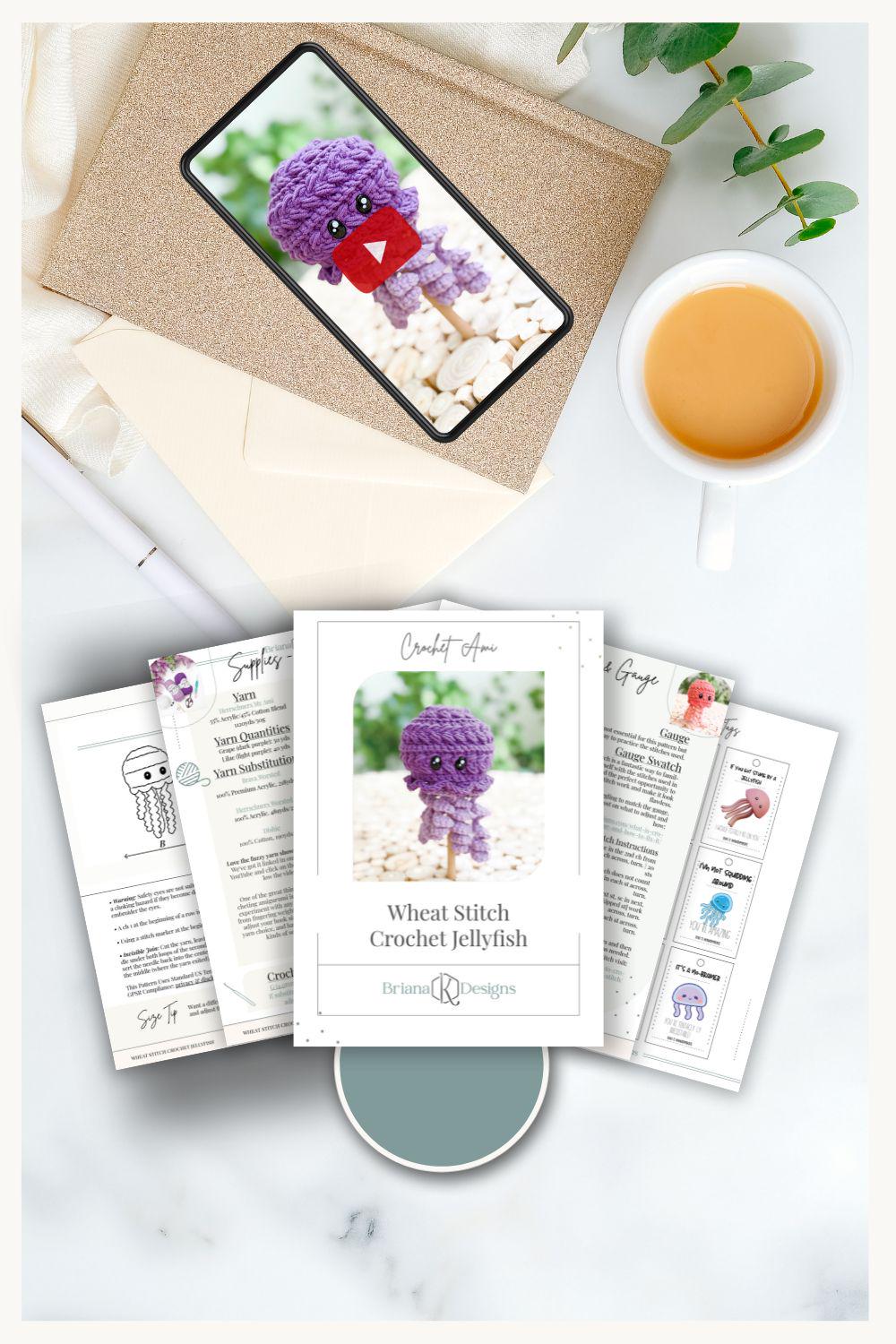 A crocheted purple jellyfish with large cartoon eyes on a stick makes a charming handmade gift, with a smaller image of a gray jellyfish and crochet tutorial icons on the left.