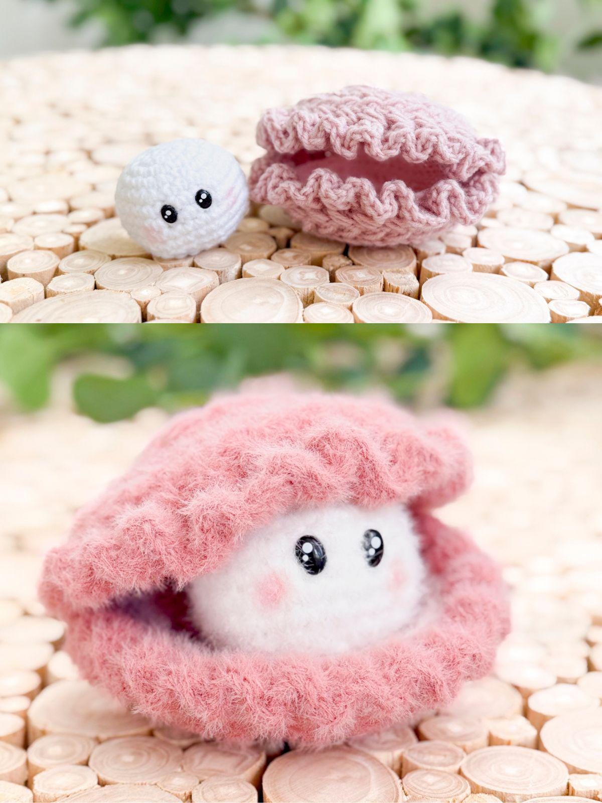 Two crocheted plush toys: one is a white ball with eyes, and the other is a pink shell. The second photo shows the ball nestled inside the open shell like a pearl—a perfect handmade gift for those who love cute, unique creations.