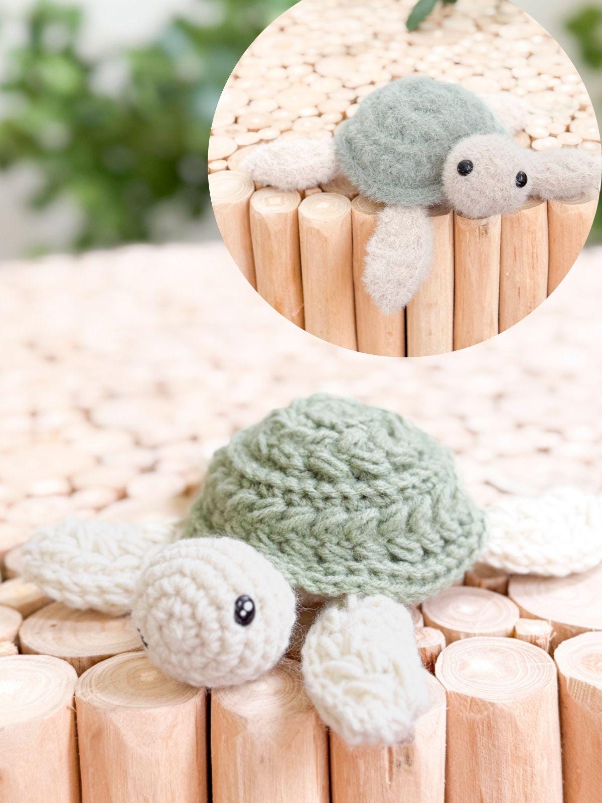 A crocheted turtle plush with a green shell and cream-colored head and limbs rests on a wooden surface; a close-up view is shown in the circular inset—perfect as a charming handmade gift.