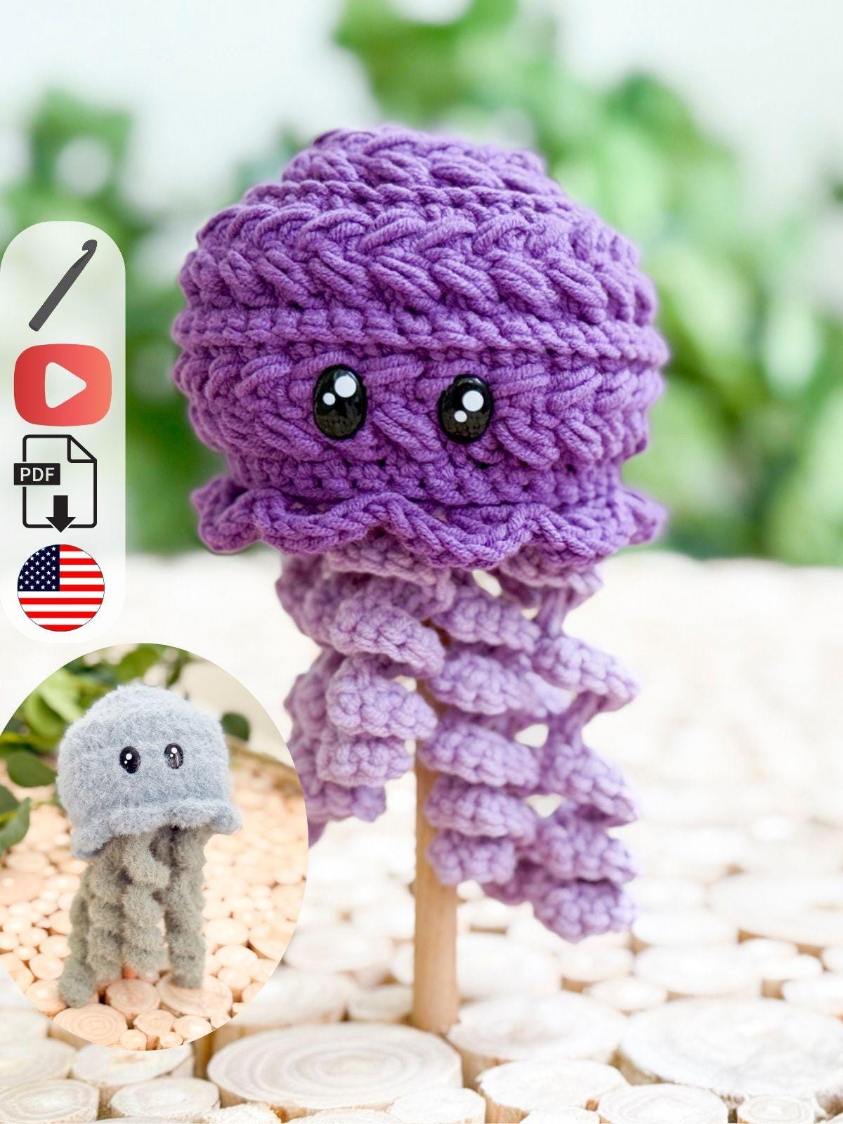 A crocheted purple jellyfish with large cartoon eyes on a stick makes a charming handmade gift, with a smaller image of a gray jellyfish and crochet tutorial icons on the left.