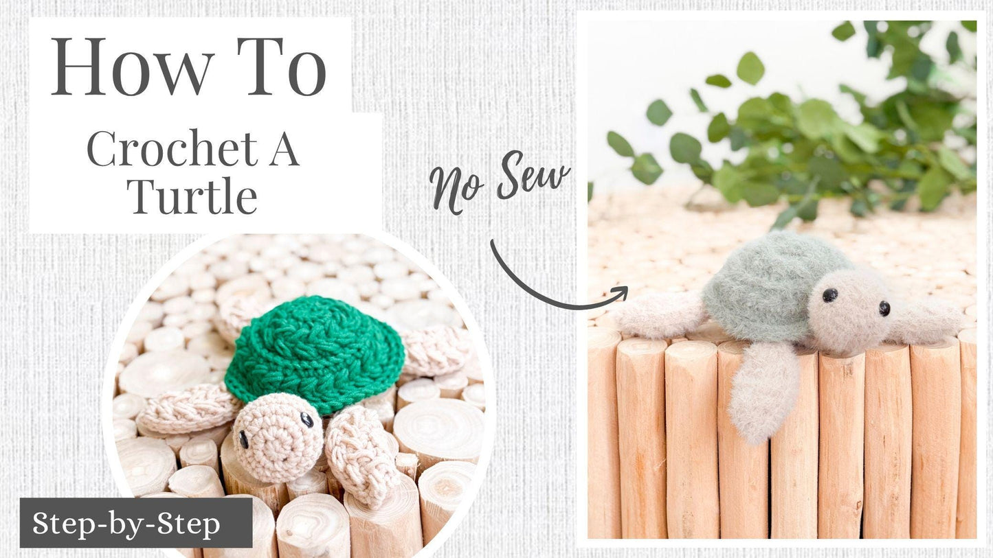 Instructional graphic showing a step-by-step, no-sew crochet turtle tutorial, perfect as a handmade gift, with photos of a finished crocheted turtle resting on a wooden surface.