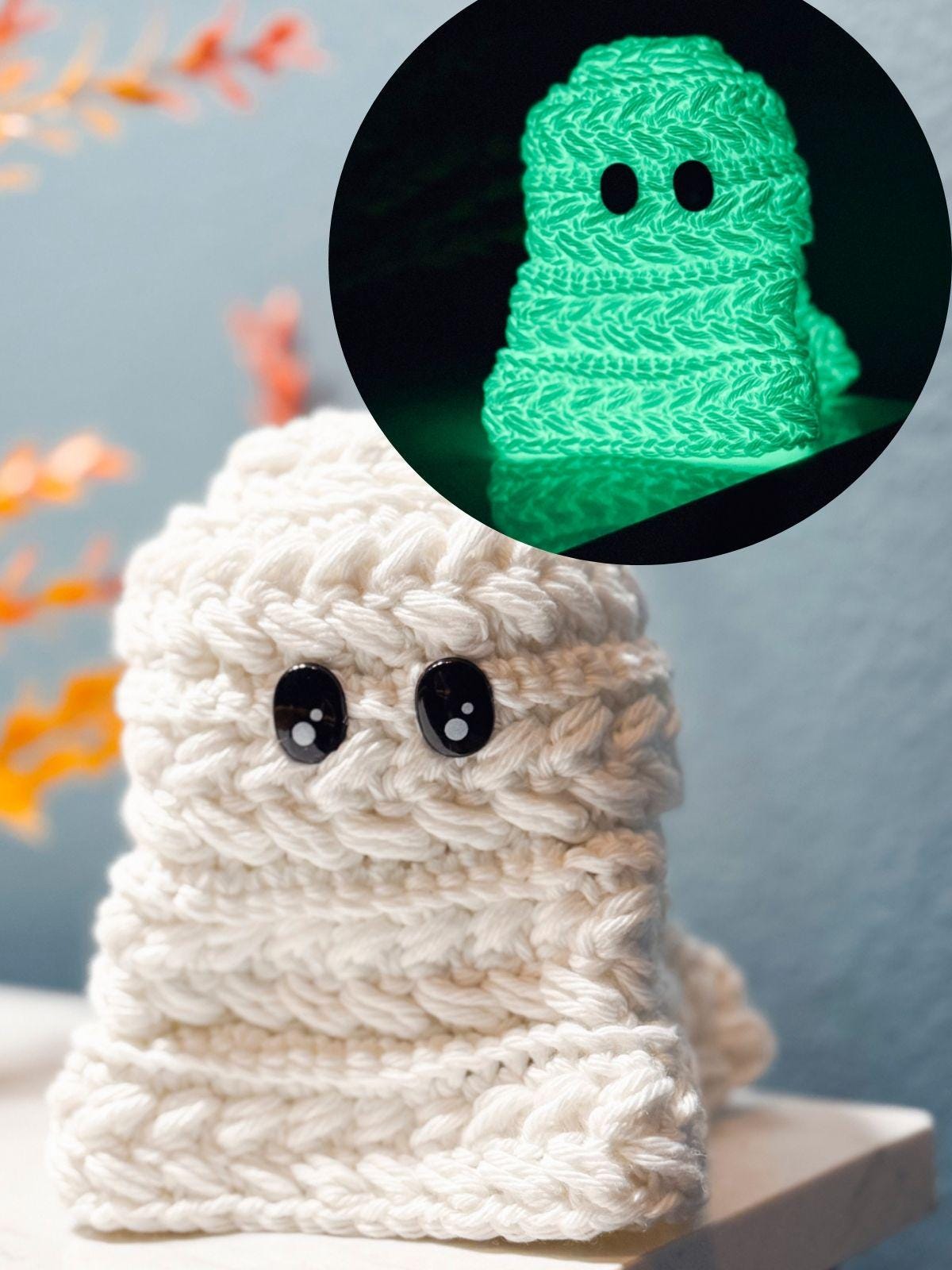 A crocheted ghost with black eyes is shown in daylight and glowing green in the dark in an inset—a charming handmade gift that adds a touch of whimsy.