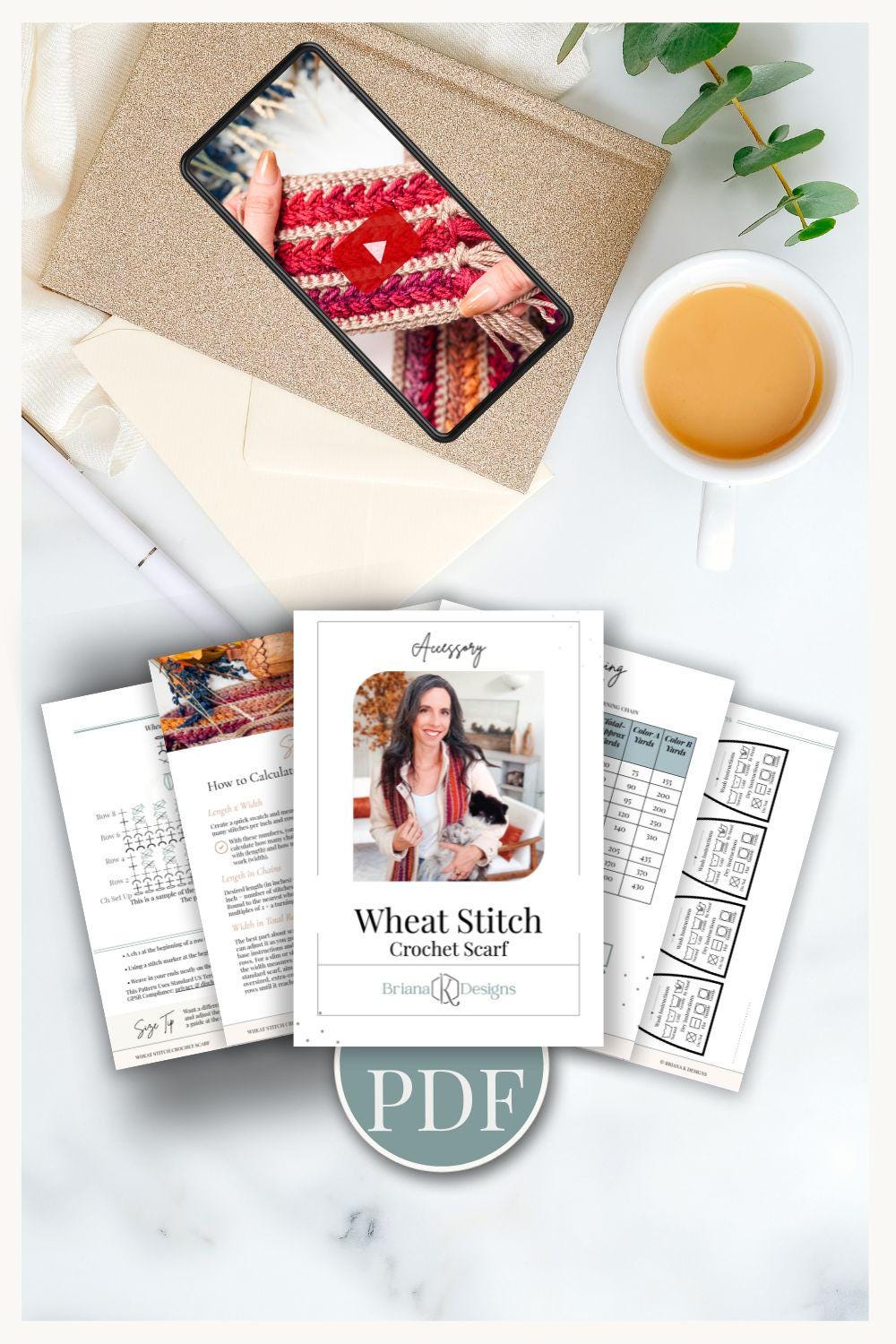 Woman with long dark hair wearing a multicolored crocheted scarf, holding a small black and white dog. Text advertises crochet pattern in 8 sizes plus gift tags—perfect for a handmade gift. Icons for YouTube and US/UK flags are shown.