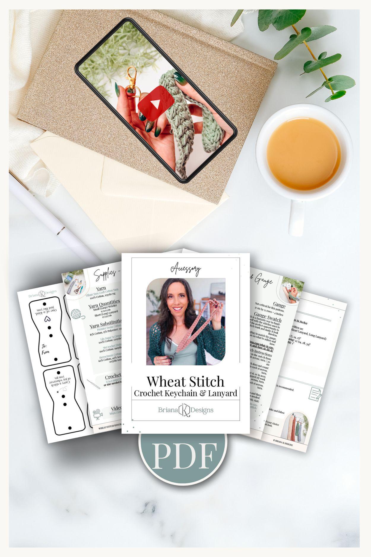 CROCHET PATTERN + VIDEO Crochet Wheat Stitch Keychain & Lanyard Pattern and Bonus Tag Printables Instant Pdf Download Wristlet Badge Strap
