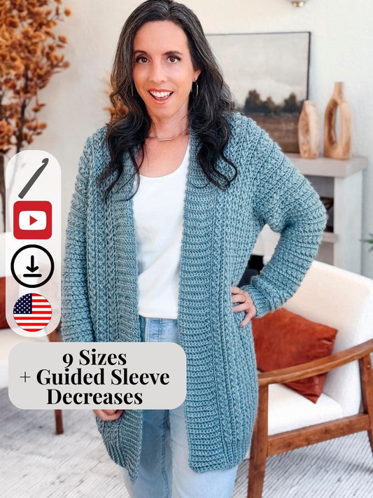 CROCHET PATTERN + VIDEO Wheat Stitch™ Cardigan Crochet Pattern, Diy Worsted-Weight (Xs-5X) Size Inclusive. Includes guided sleeve decreases.