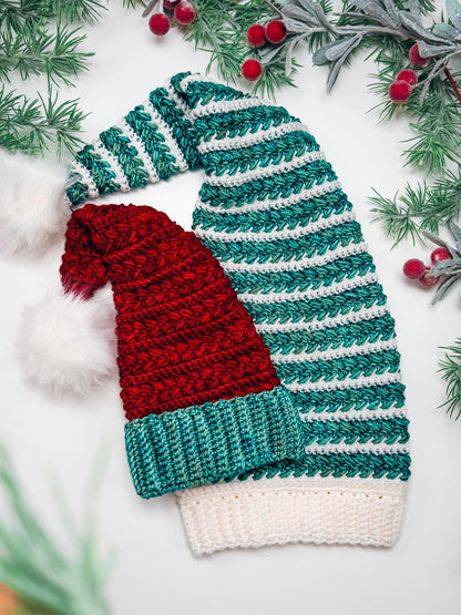 CROCHET PATTERN + VIDEO Wheat Stitch Santa & Elf Stocking Hat Crochet Pattern, 8 Sizes Newborn to Adult, Christmas Craft Favorite Holiday