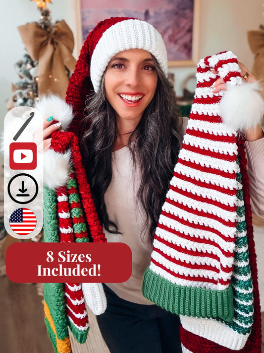CROCHET PATTERN + VIDEO Wheat Stitch Santa & Elf Stocking Hat Crochet Pattern, 8 Sizes Newborn to Adult, Christmas Craft Favorite Holiday