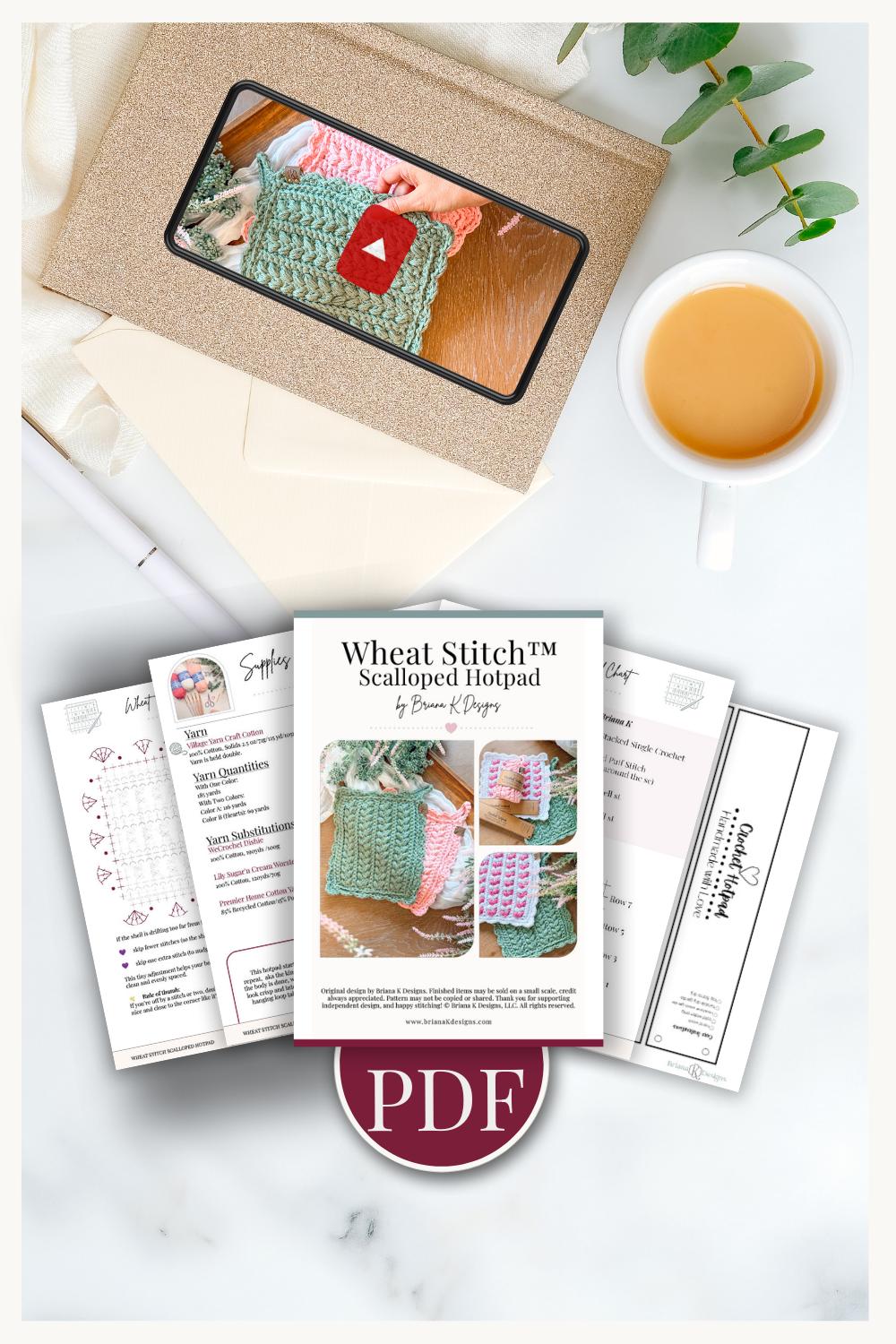 CROCHET PATTERN + VIDEO Wheat Stitch™ Scalloped Hotpad, Easy Cotton Trivet Pdf + Video, Handmade Kitchen Decor Gift, Printable Tags, Gifting