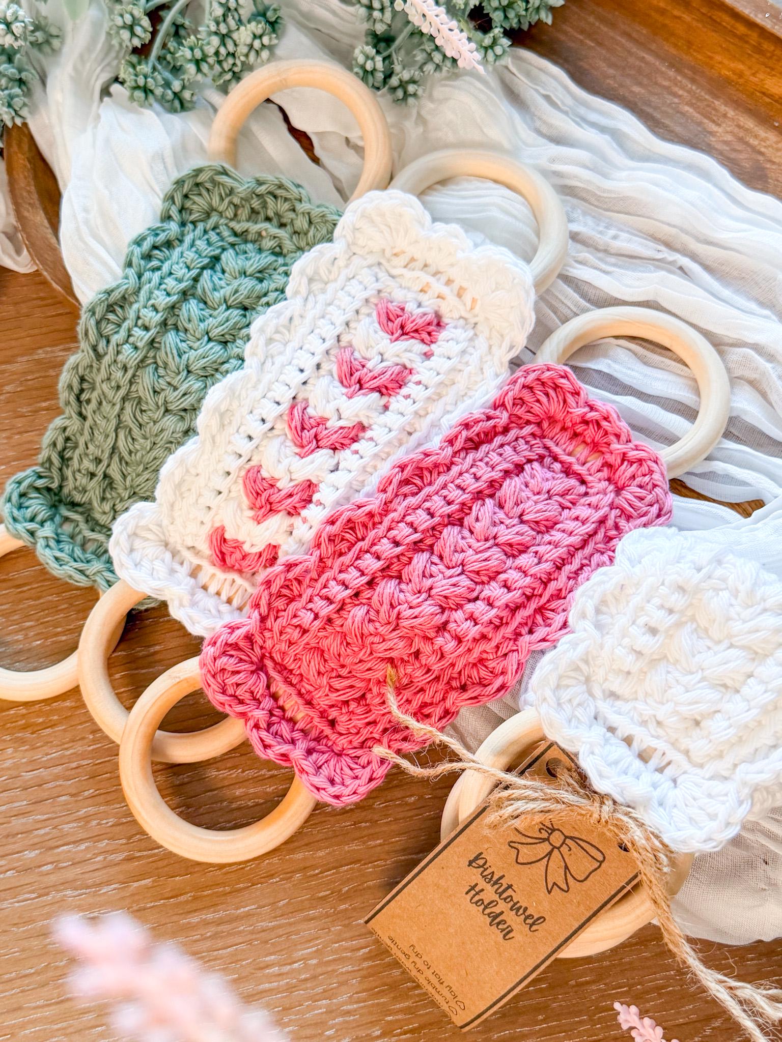 CROCHET PATTERN + VIDEO Crochet Dishtowel Holder Pattern, Wheat Stitch™ Scalloped Towel Holder, Kitchen Crochet, Hanging Towel Holder Decor