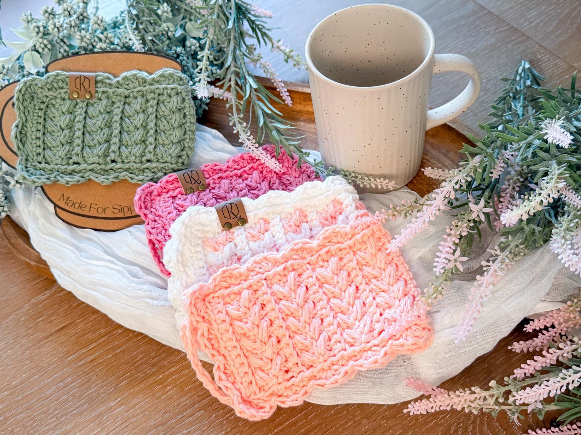 CROCHET PATTERN + VIDEO Crochet Mug Cozy Pattern, Wheat Stitch™ Scalloped Cup Cozy, Coffee Sleeve Crochet, Handmade Mug Wrap Printable Label