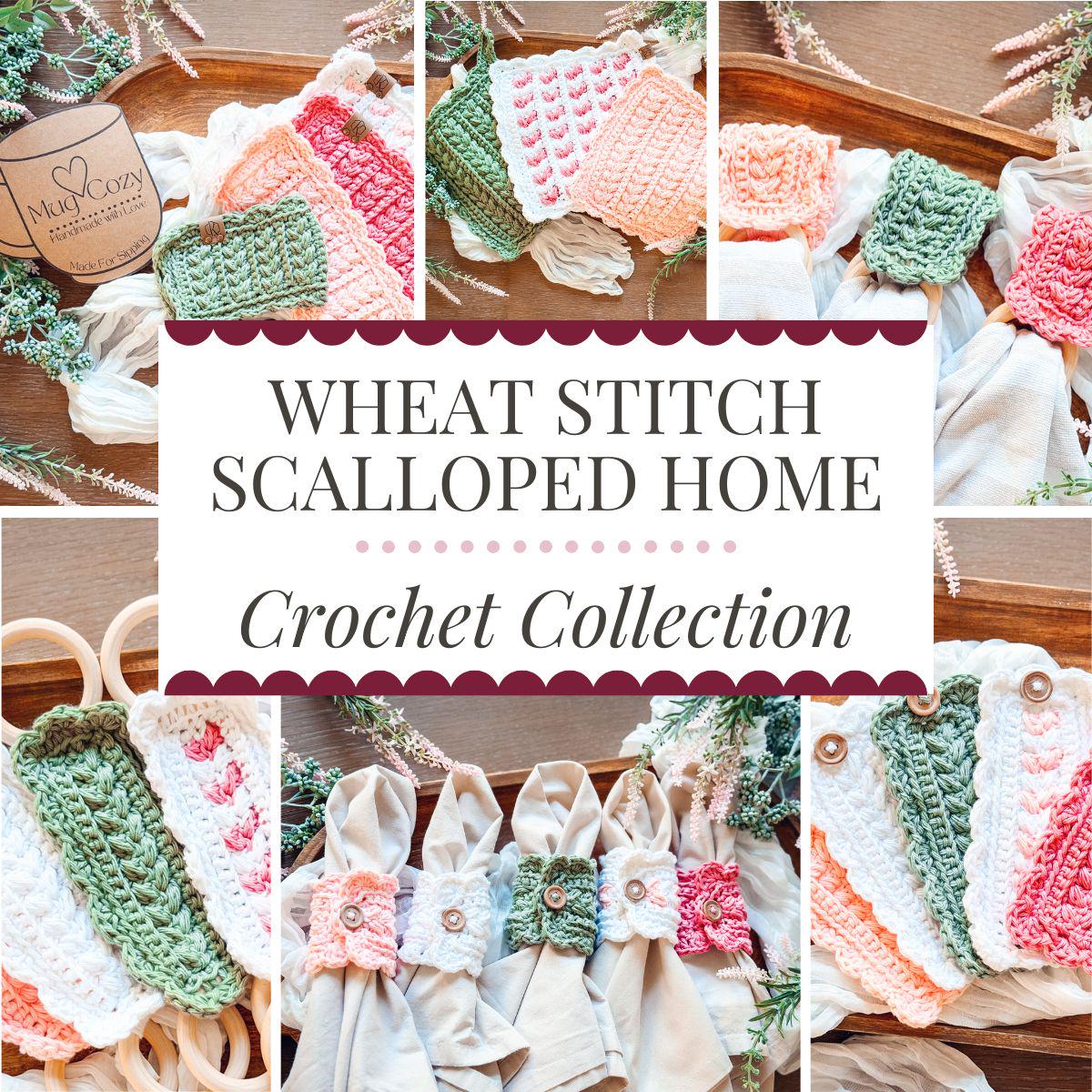CROCHET PATTERNS + VIDEO Crochet Kitchen Decor Pattern Bundle, Wheat Stitch™ Scalloped Home Collection 4 Pattern Quick Crochet Set for Decor