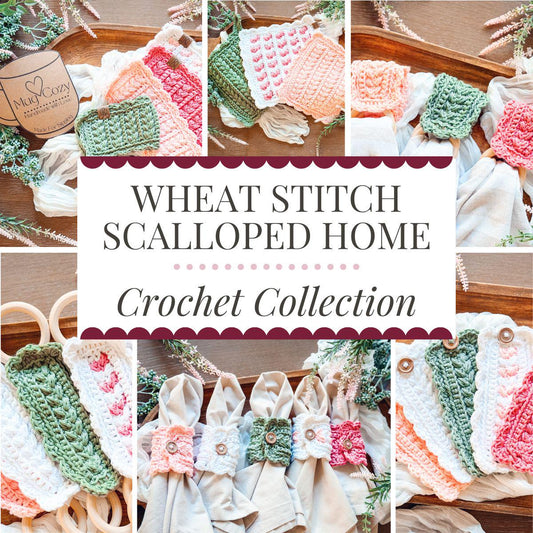 CROCHET PATTERNS + VIDEO Crochet Kitchen Decor Pattern Bundle, Wheat Stitch™ Scalloped Home Collection 4 Pattern Quick Crochet Set for Decor
