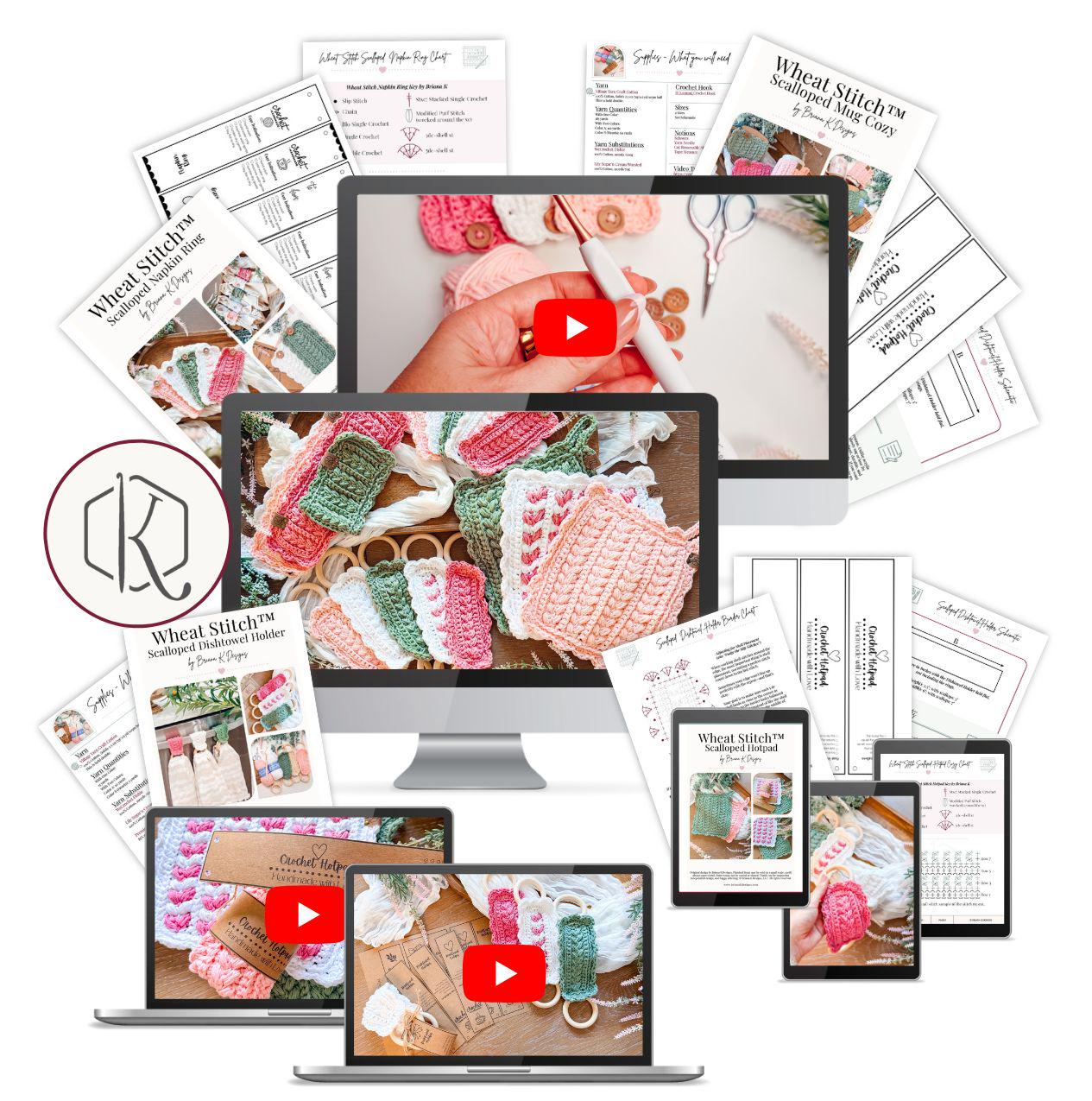 CROCHET PATTERNS + VIDEO Crochet Kitchen Decor Pattern Bundle, Wheat Stitch™ Scalloped Home Collection 4 Pattern Quick Crochet Set for Decor