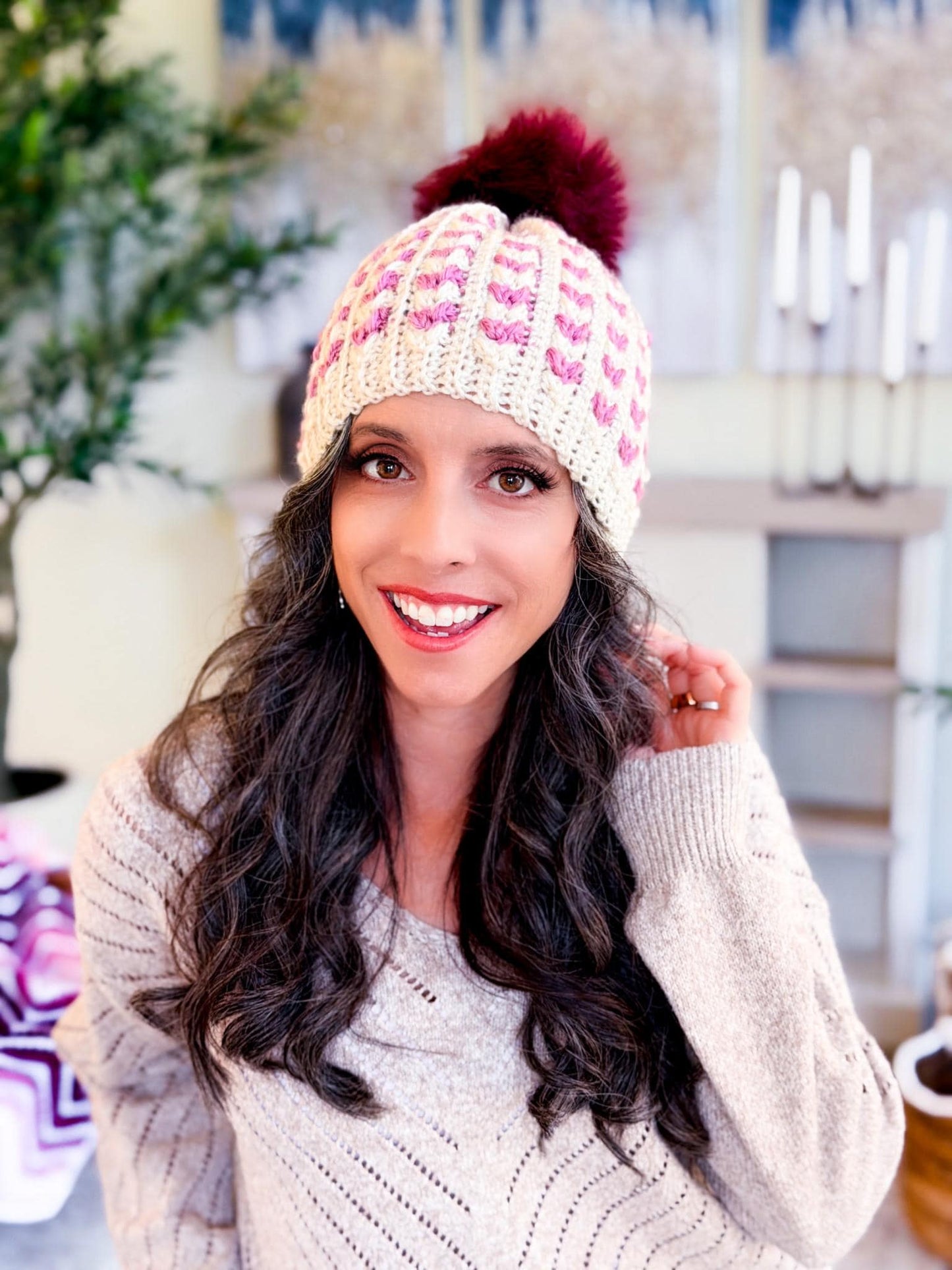 CROCHET PATTERN + VIDEO Wheat Stitch Sweetheart Crochet Hat Pattern, 8 Sizes from Newborn to Adult, Crochet Heart Hat with Printable Tags