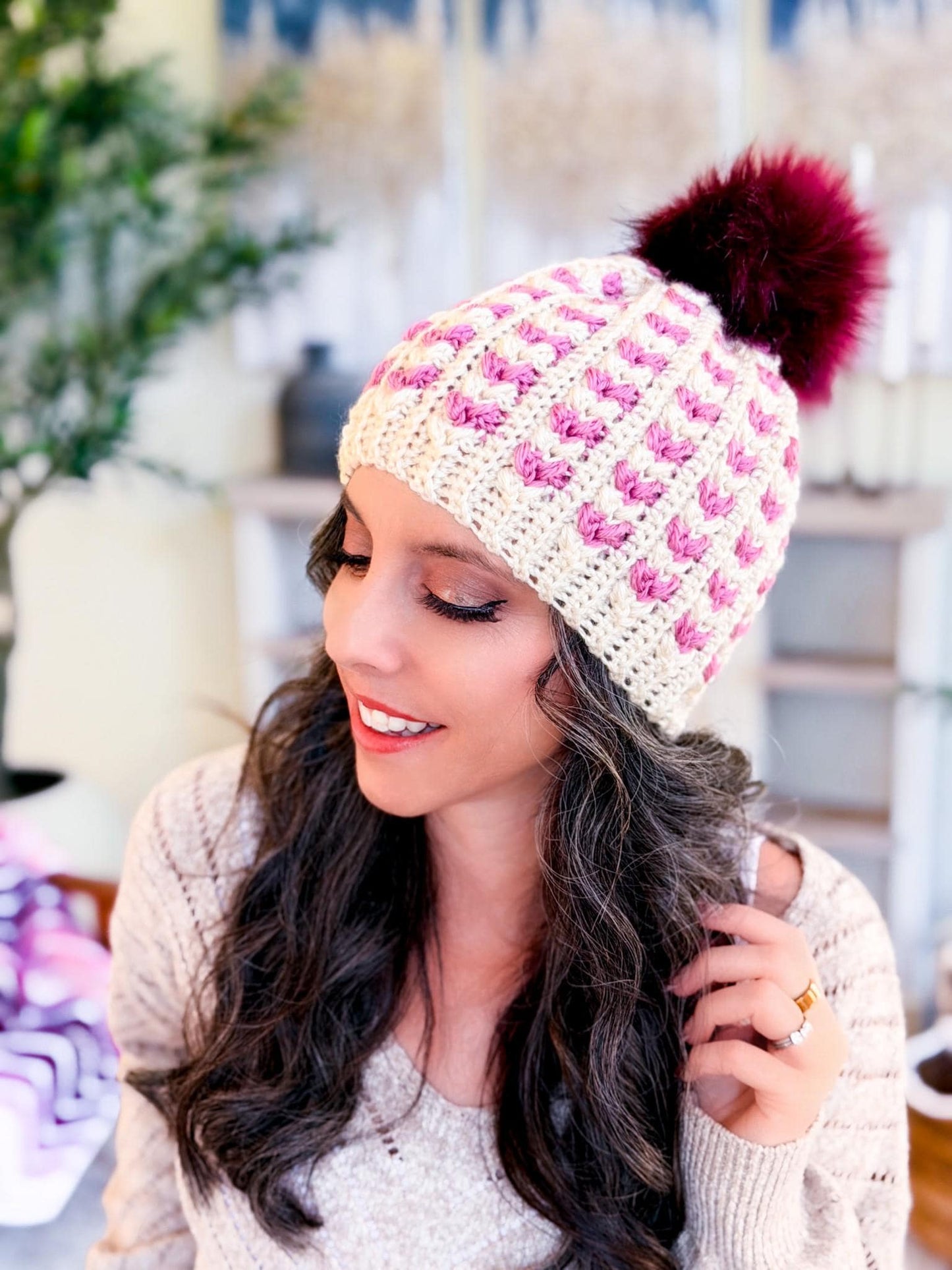 CROCHET PATTERN + VIDEO Wheat Stitch Sweetheart Crochet Hat Pattern, 8 Sizes from Newborn to Adult, Crochet Heart Hat with Printable Tags