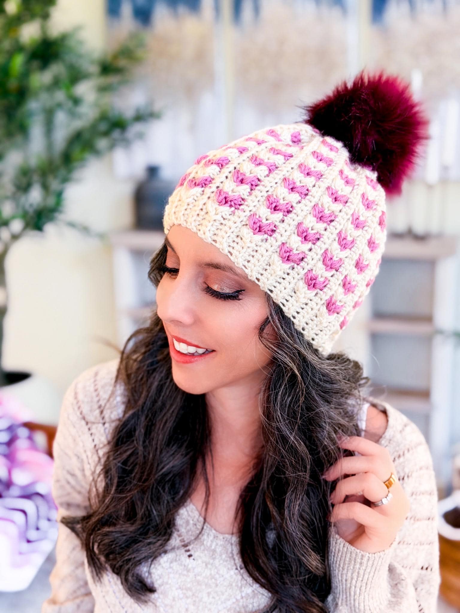 CROCHET PATTERN + VIDEO Wheat Stitch Sweetheart Crochet Hat Pattern, 8 Sizes from Newborn to Adult, Crochet Heart Hat with Printable Tags