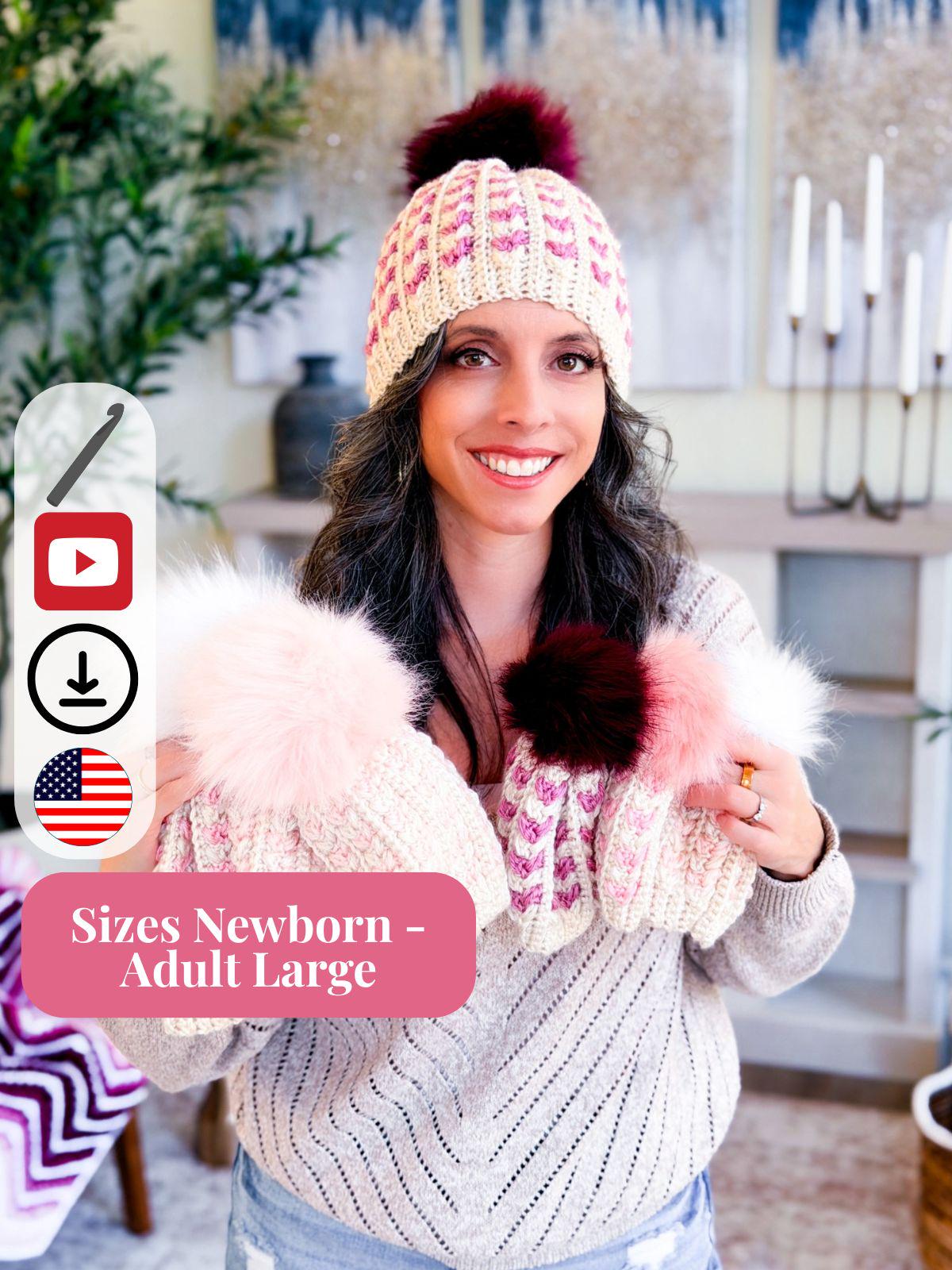 CROCHET PATTERN + VIDEO Wheat Stitch Sweetheart Crochet Hat Pattern, 8 Sizes from Newborn to Adult, Crochet Heart Hat with Printable Tags