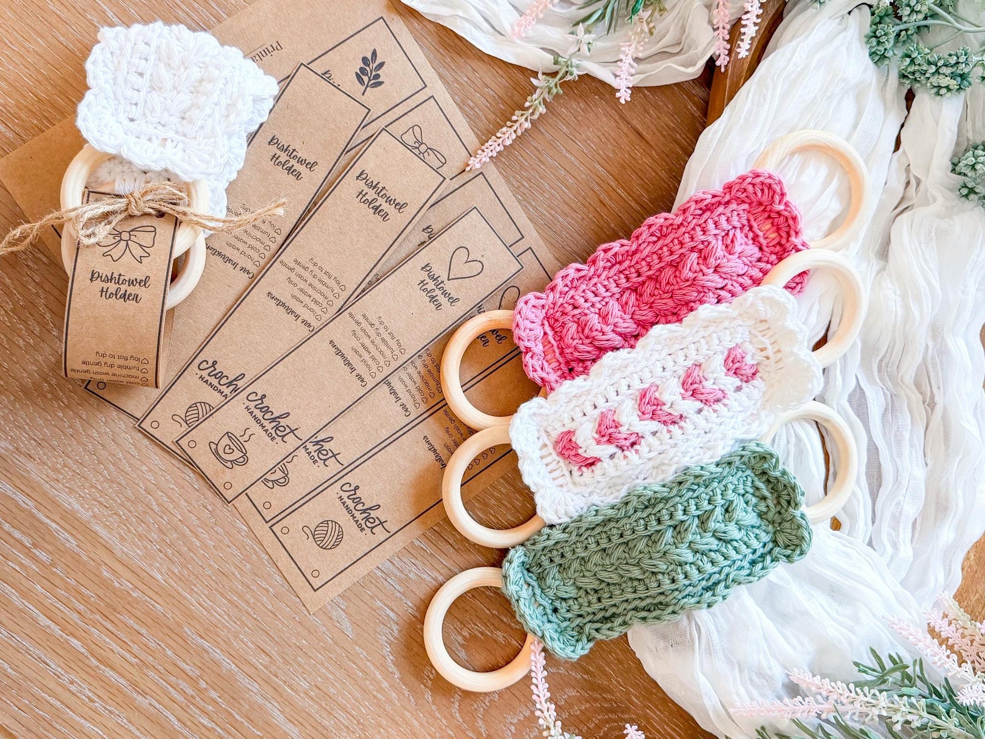 CROCHET PATTERN + VIDEO Crochet Dishtowel Holder Pattern, Wheat Stitch™ Scalloped Towel Holder, Kitchen Crochet, Hanging Towel Holder Decor