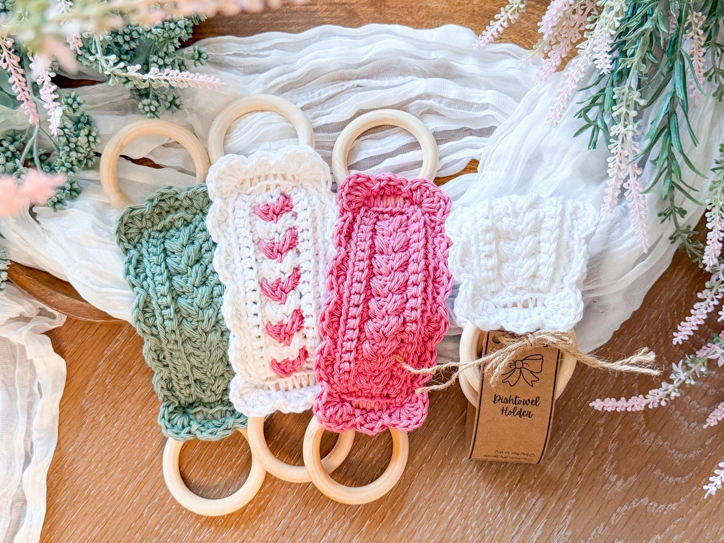 CROCHET PATTERN + VIDEO Crochet Dishtowel Holder Pattern, Wheat Stitch™ Scalloped Towel Holder, Kitchen Crochet, Hanging Towel Holder Decor