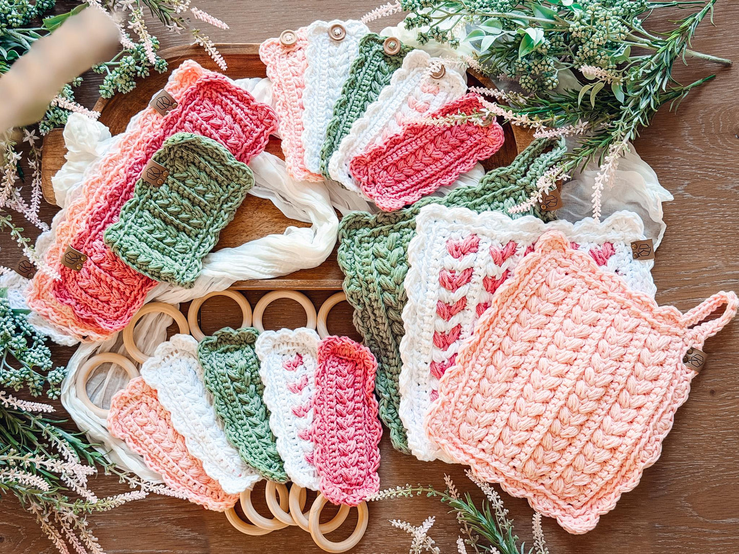 CROCHET PATTERNS + VIDEO Crochet Kitchen Decor Pattern Bundle, Wheat Stitch™ Scalloped Home Collection 4 Pattern Quick Crochet Set for Decor