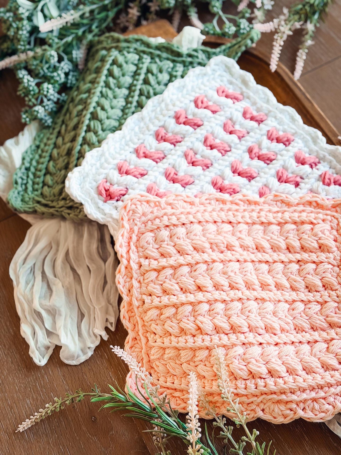 CROCHET PATTERNS + VIDEO Crochet Kitchen Decor Pattern Bundle, Wheat Stitch™ Scalloped Home Collection 4 Pattern Quick Crochet Set for Decor