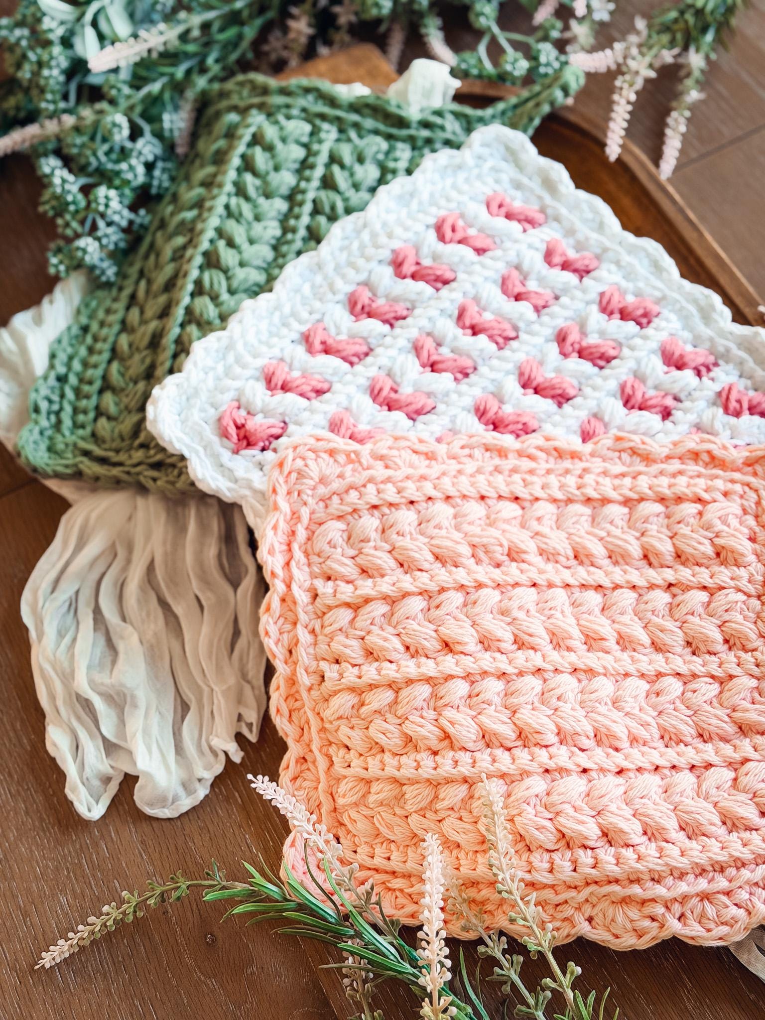 CROCHET PATTERNS + VIDEO Crochet Kitchen Decor Pattern Bundle, Wheat Stitch™ Scalloped Home Collection 4 Pattern Quick Crochet Set for Decor