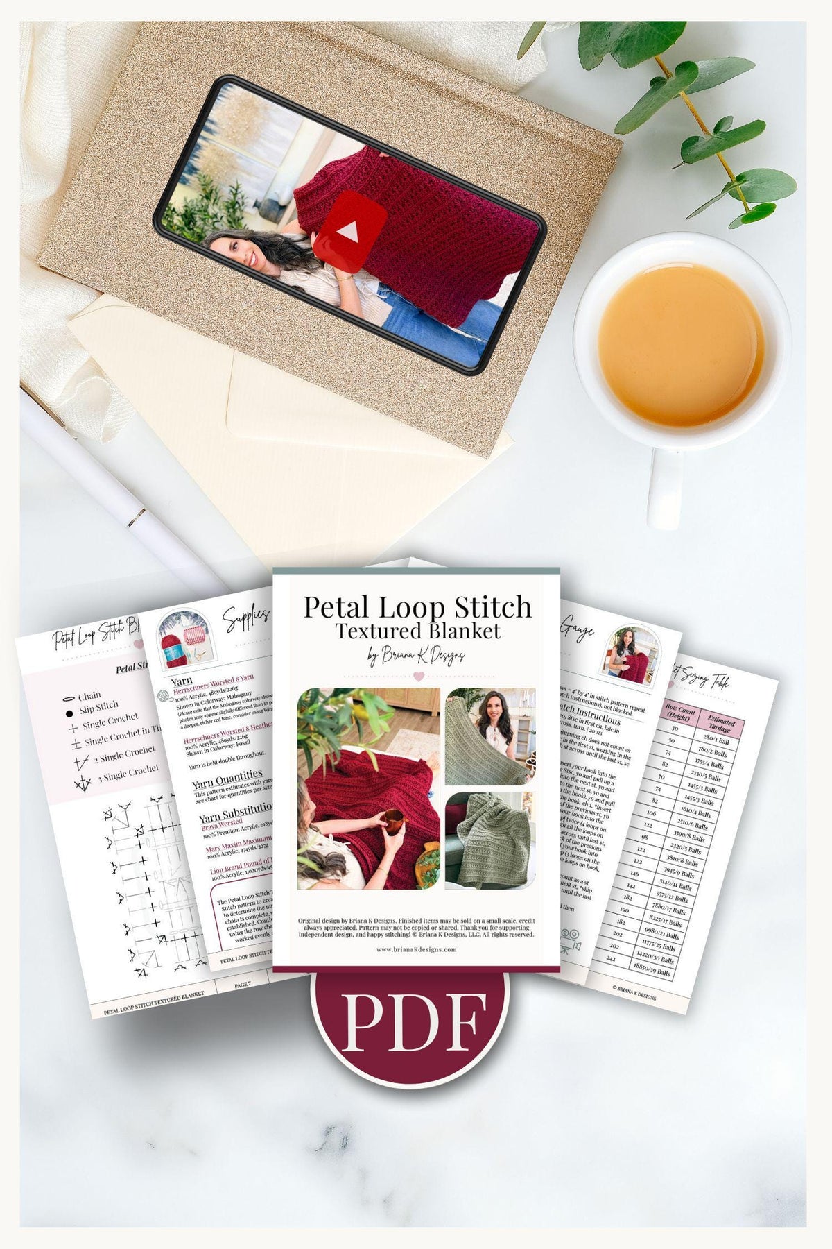 Pages from the Petal Loop Stitch Textured Blanket crochet pattern PDF