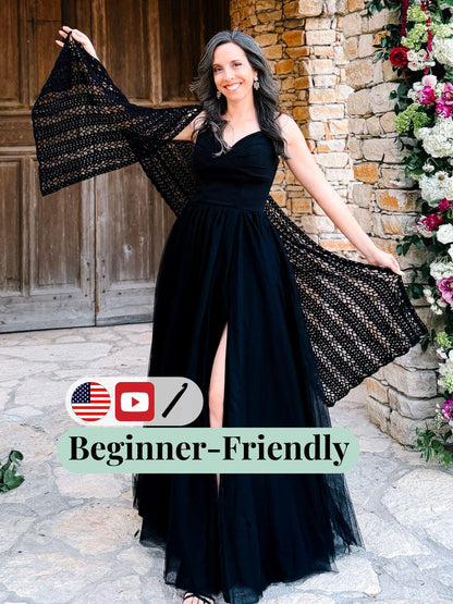 Black lacy crochet wrap spread by a woman in a black gown by flowers, with Beginner-Friendly text and icons