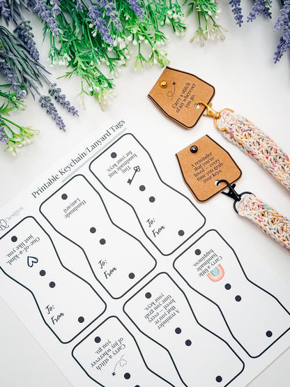 Printable keychain gift tag sheet beside two speckled pastel crochet keychains with kraft tags attached