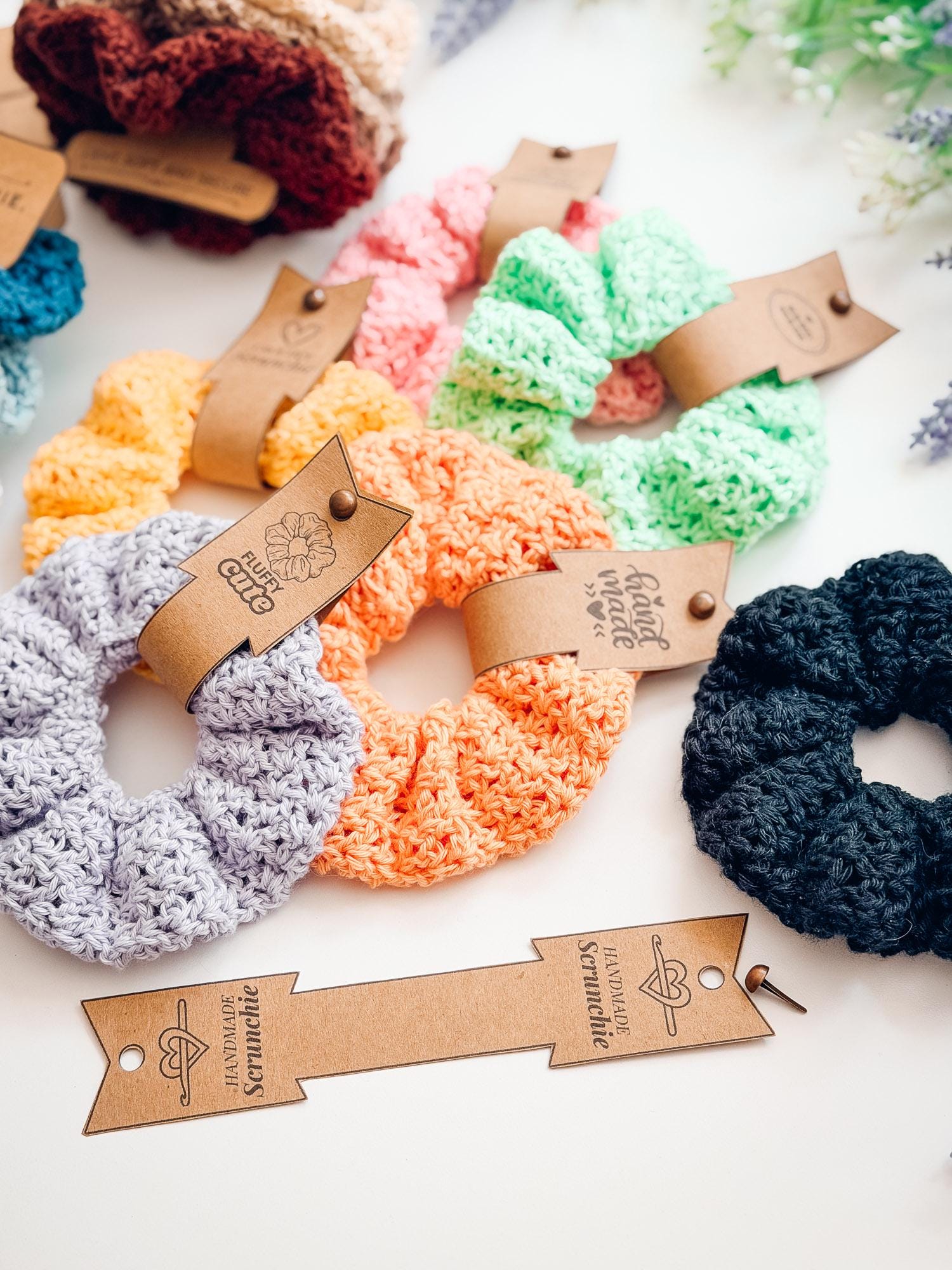 CROCHET PATTERN + VIDEO Double Bloom Scrunchie Crochet Pattern, Hair Accessory, Diy Hair Tie Pattern, Beginner Friendly Gift Idea + Labels