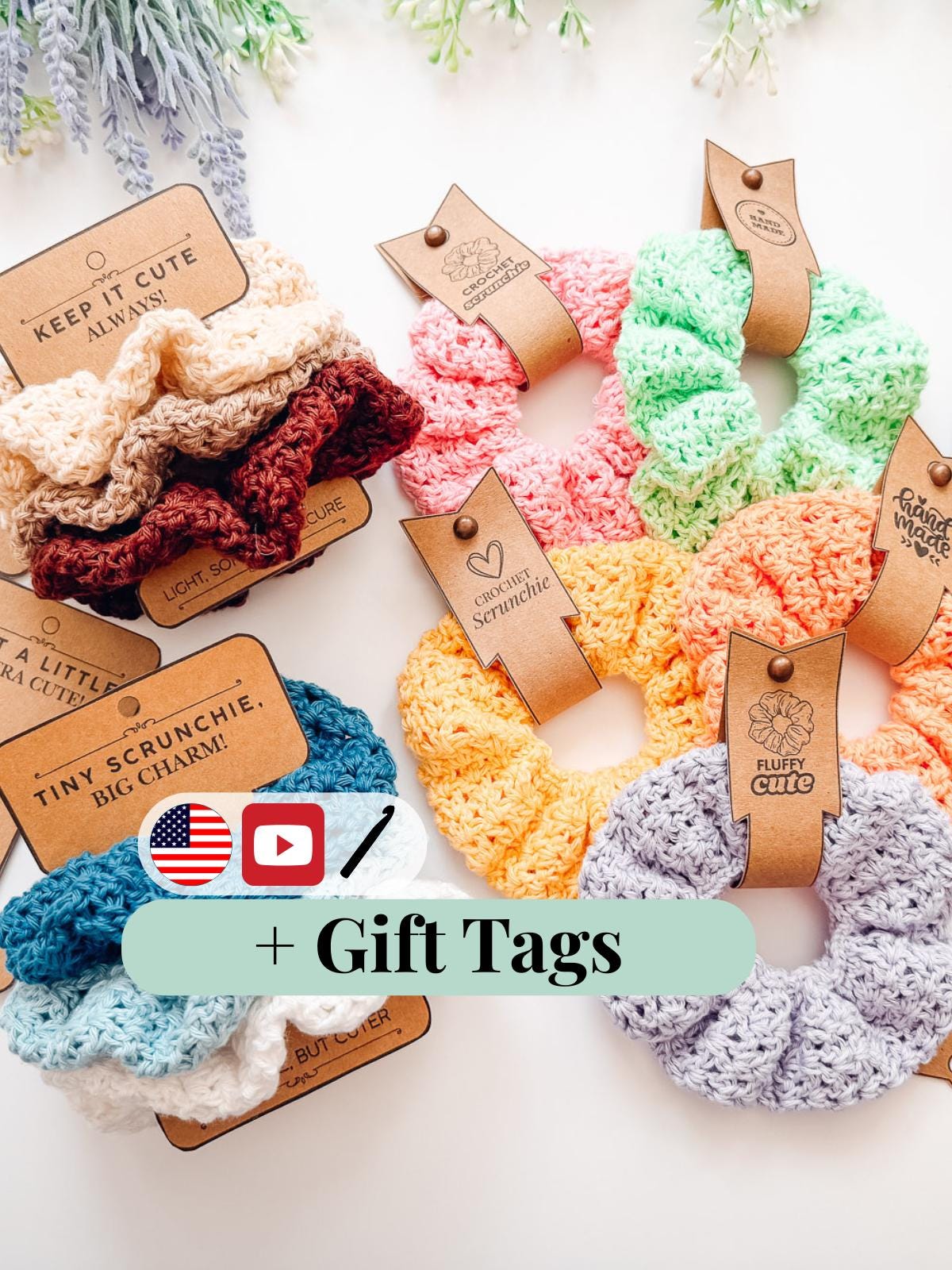 CROCHET PATTERN + VIDEO Double Bloom Scrunchie Crochet Pattern, Hair Accessory, Diy Hair Tie Pattern, Beginner Friendly Gift Idea + Labels