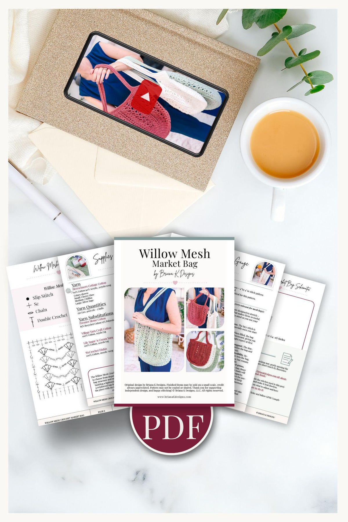 Pages from the Willow Mesh Market Bag crochet pattern PDF