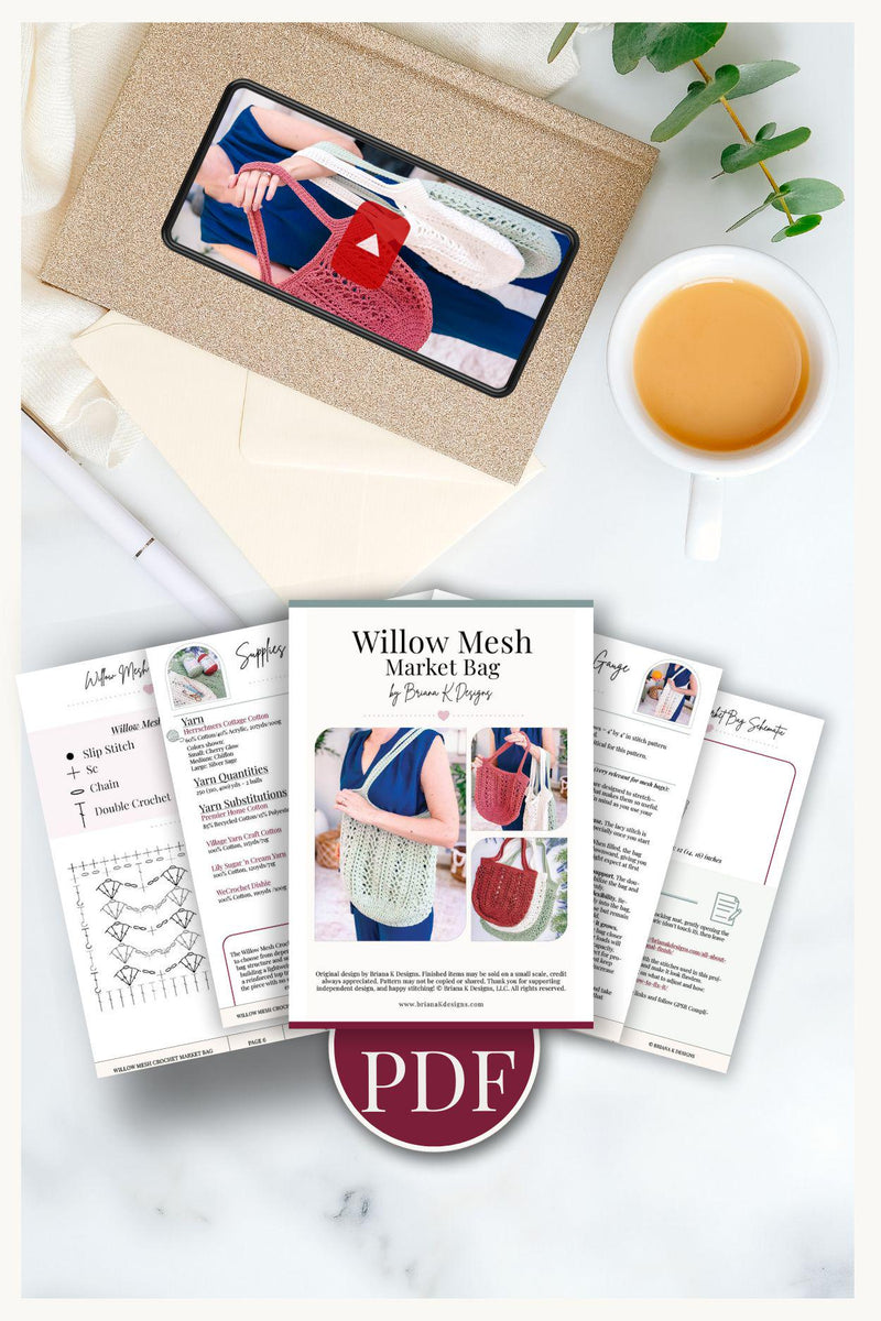 Pages from the Willow Mesh Market Bag crochet pattern PDF