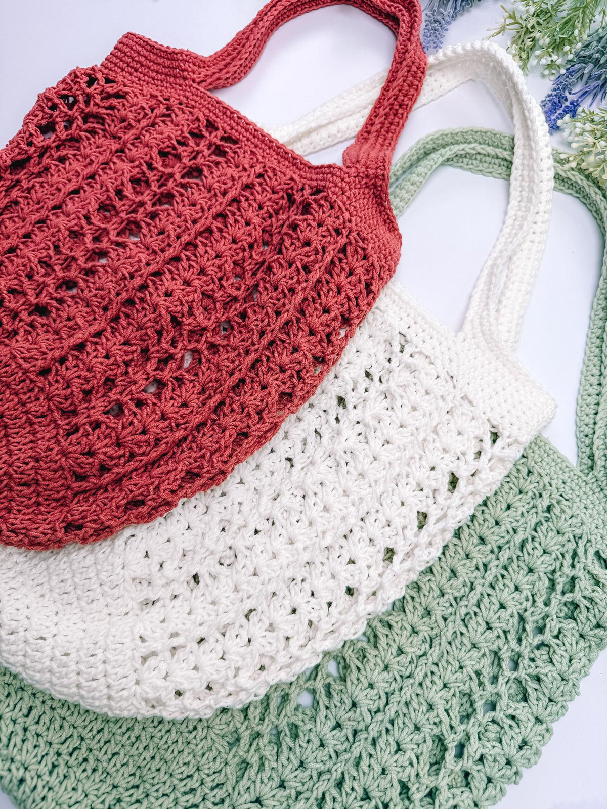 Willow Mesh crochet market bags in terracotta, cream and sage green