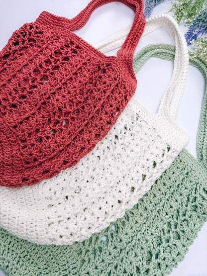 Willow Mesh crochet market bags in terracotta, cream and sage green