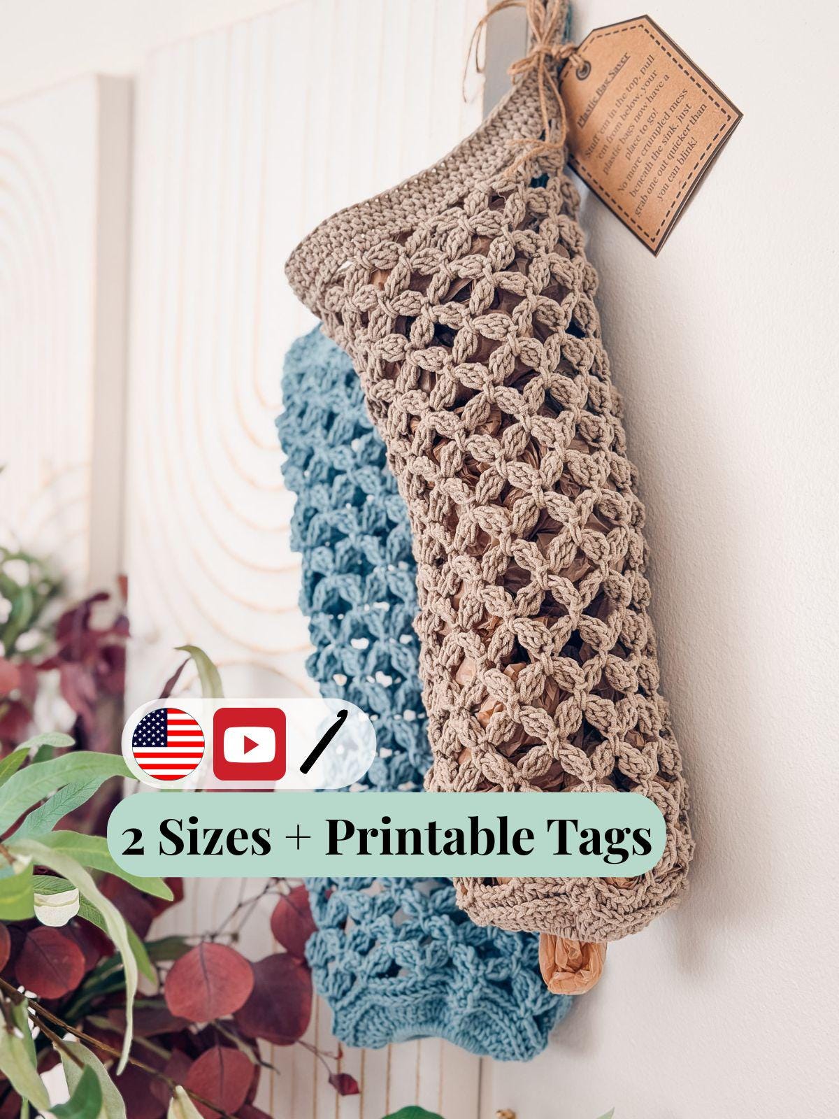 CROCHET PATTERN + VIDEO Circle Leaf Plastic Bag Holder | Textured Kitchen Organizer | 2 Sizes | Instant Pdf Download