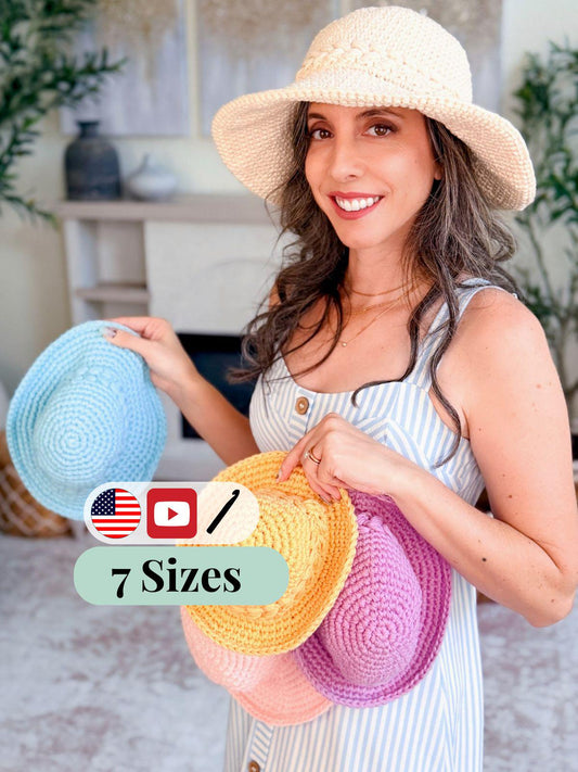 CROCHET PATTERN + VIDEO Wheatfield Sun Hat | Wheat Stitch Brim | 7 Sizes Newborn to Adult | Instant Pdf Download