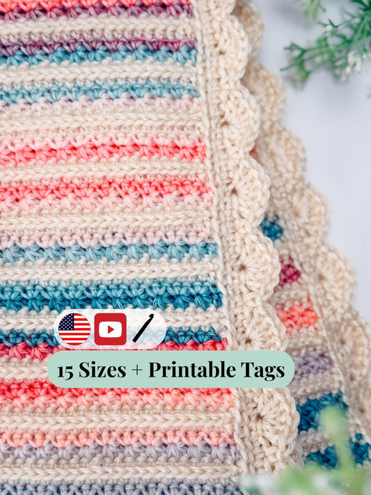 CROCHET PATTERN + VIDEO Striped Petal Loop Blanket | Textured Two-Color Stripe | 15 Sizes Lovey to King | Instant Pdf Download
