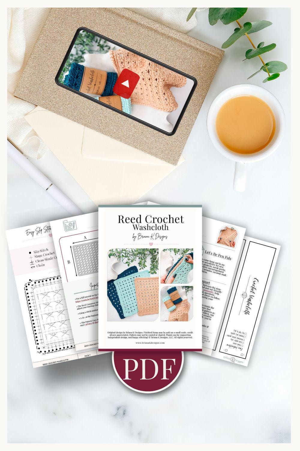 CROCHET PATTERN + VIDEO Reed Crossover Stitch Washcloth | 2 Sizes | Textured Cotton | Instant Pdf Download