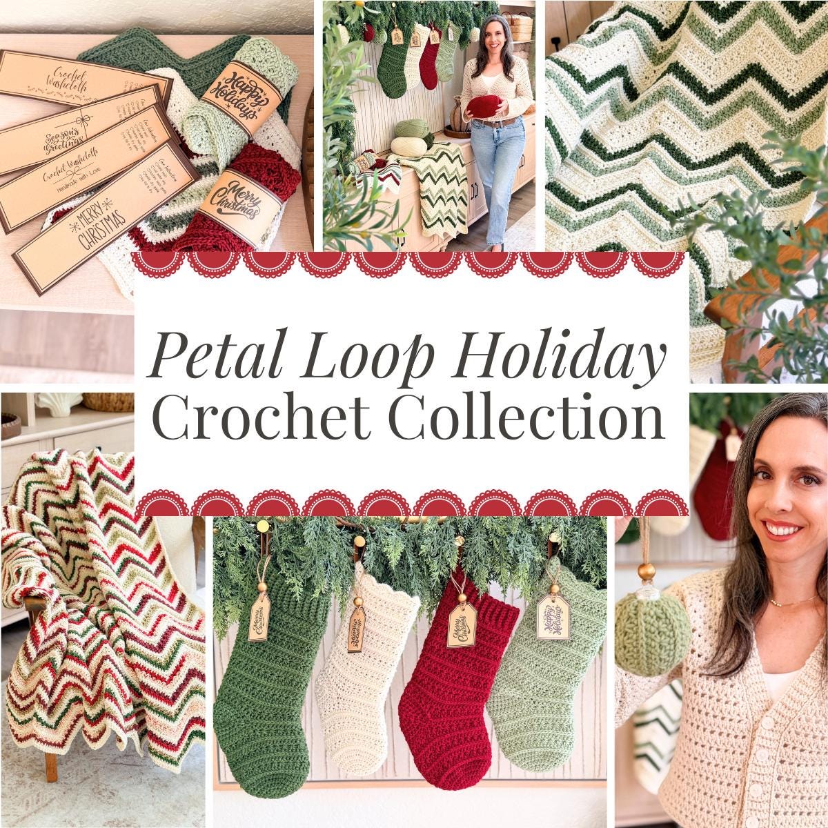 Christmas Crochet Pattern Collection | Petal Loop Stitch Holiday Decor Set | Stocking Ornament Blanket Washcloth | Printables | PDF Download