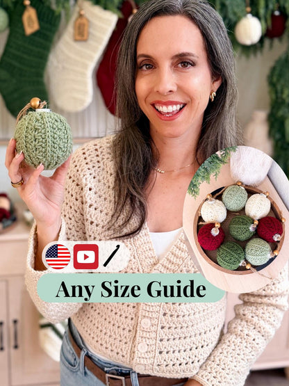Woman holding a green crochet ornament, with an inset of red, green and cream ornaments in a tray