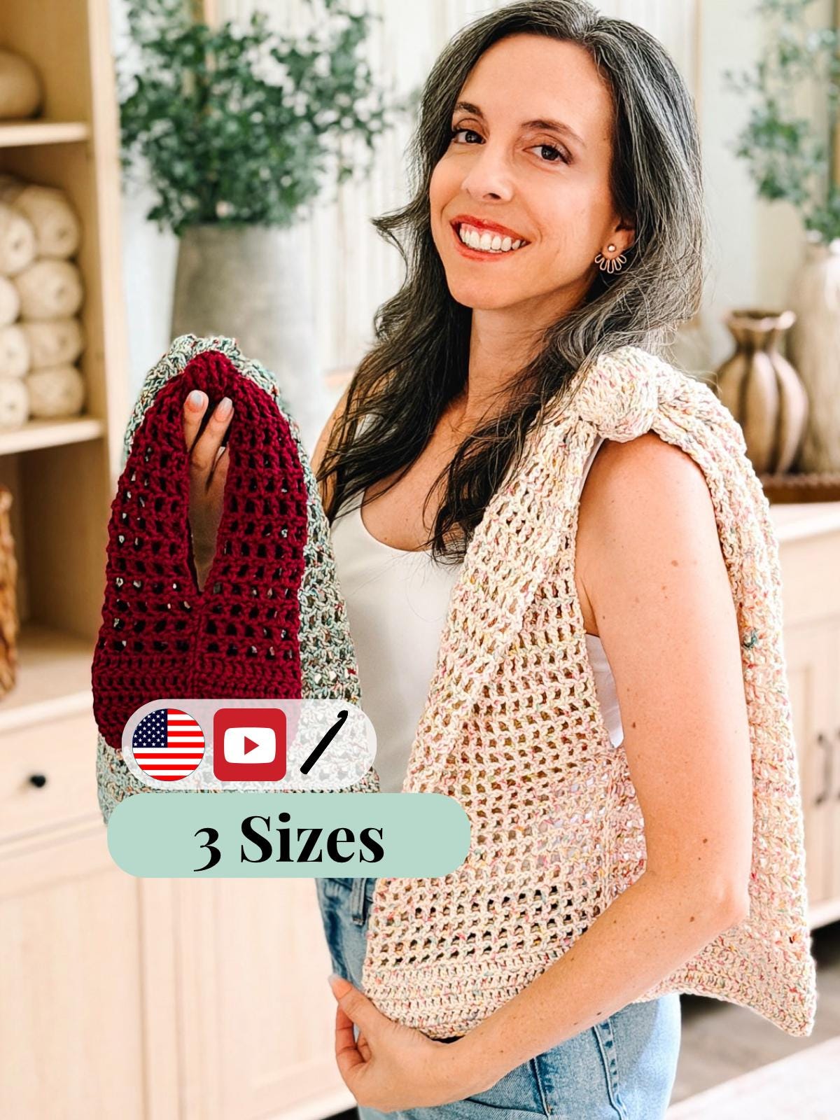 CROCHET PATTERN + VIDEO Knotted Mesh Crochet Bag | Easy Mesh Market Bag | Beach Tote and Project Bag | 3 Sizes | Instant Pdf Download